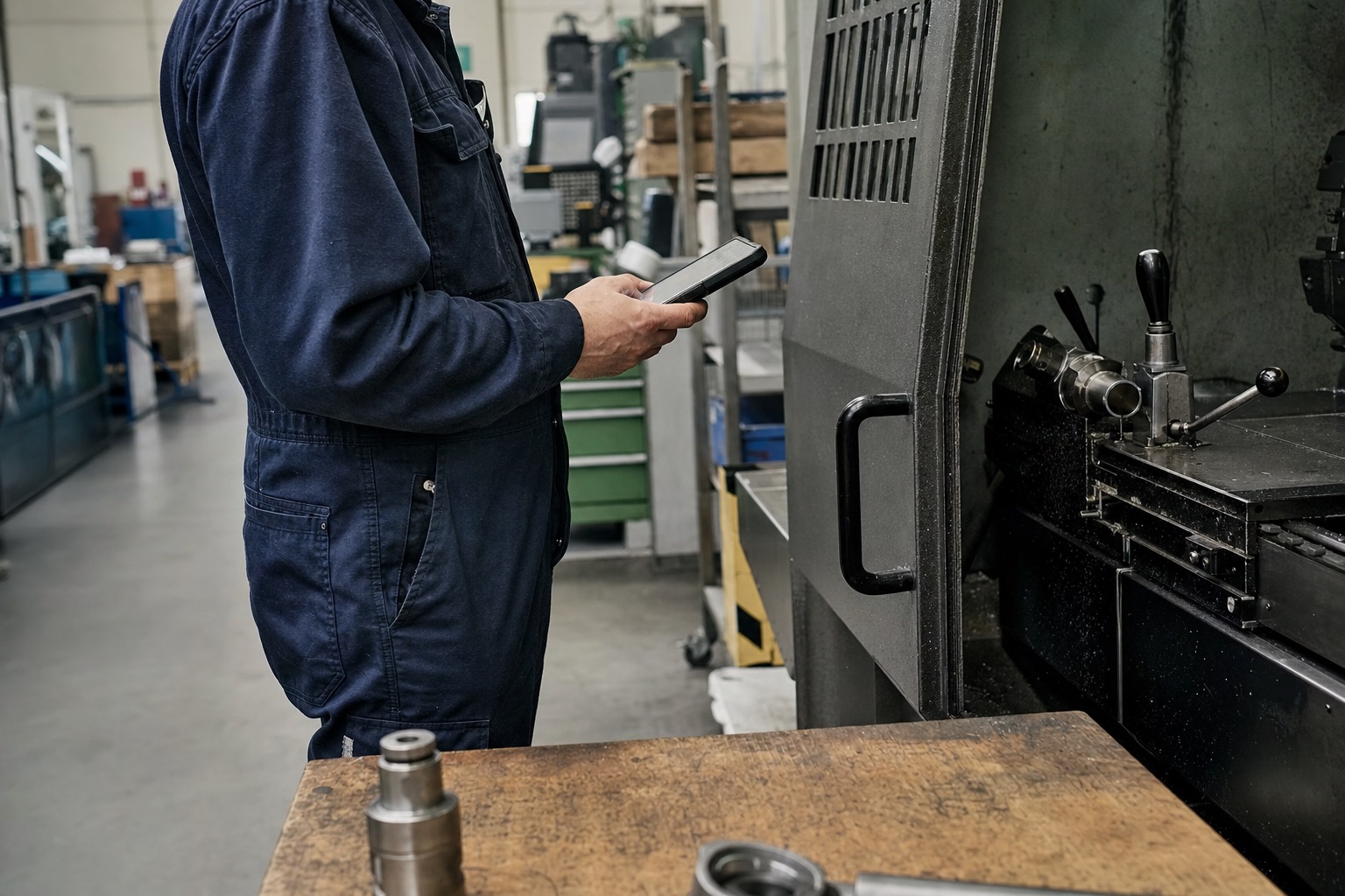 Technicus controleert een machine met een tablet