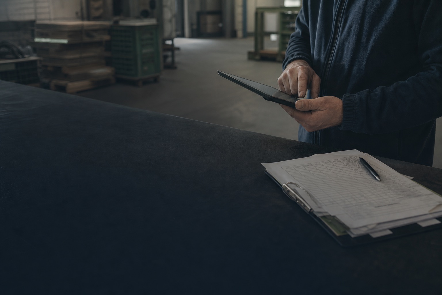 Medewerker werkt met een tablet en een papieren checklist